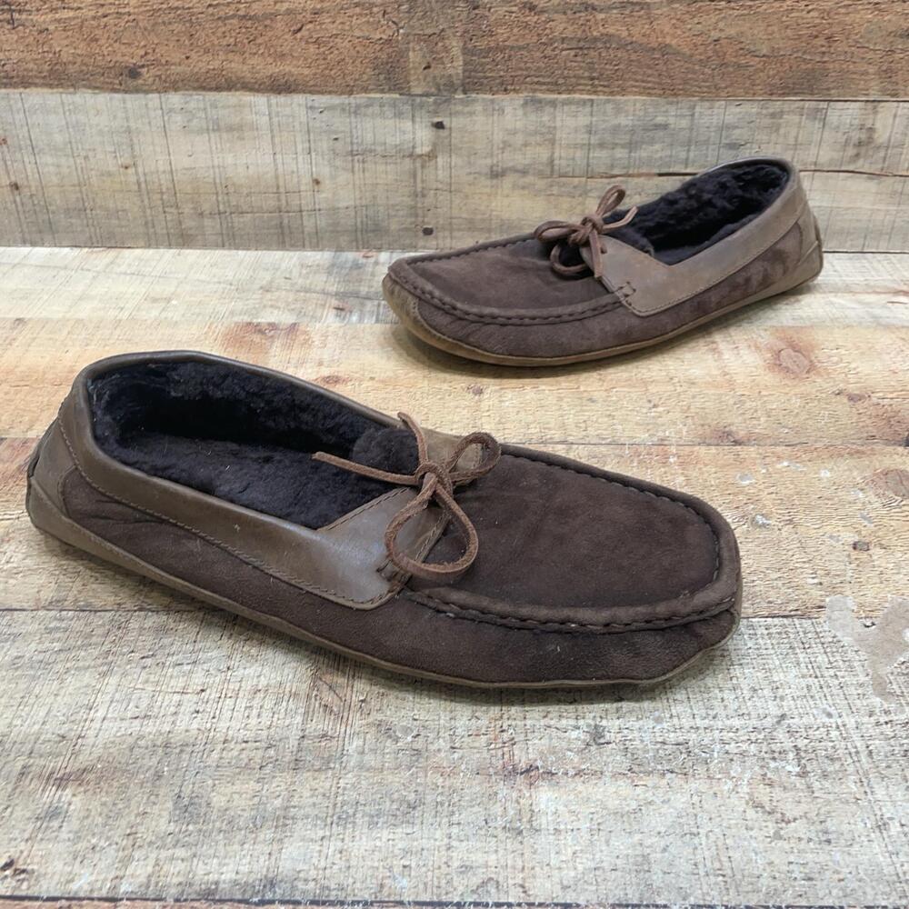 UGG Slippers Mens Size 12 Brown Suede Shearling Lined Moccasin House Shoes